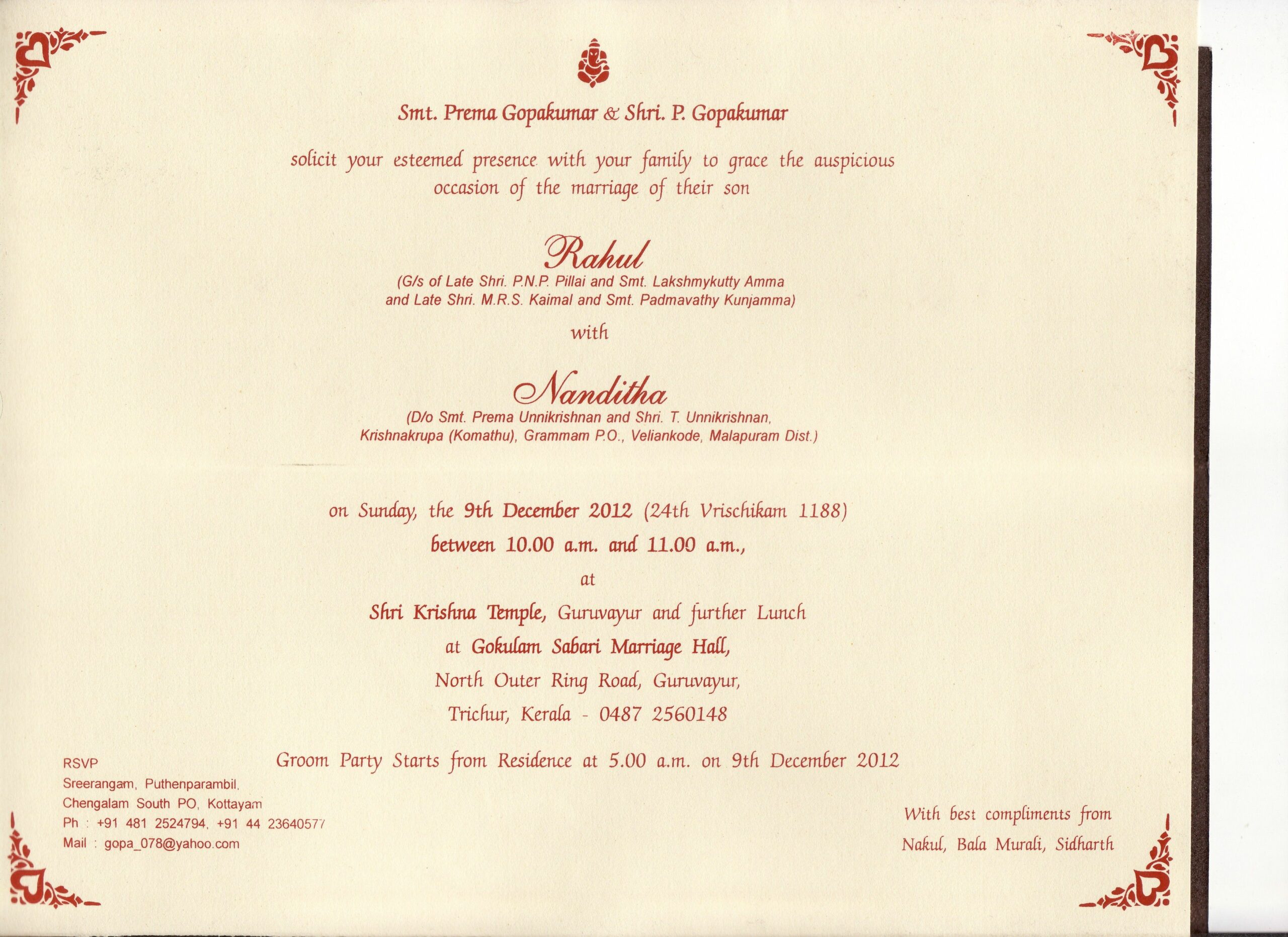 Kerala Hindu Wedding Invitation Card Format In English